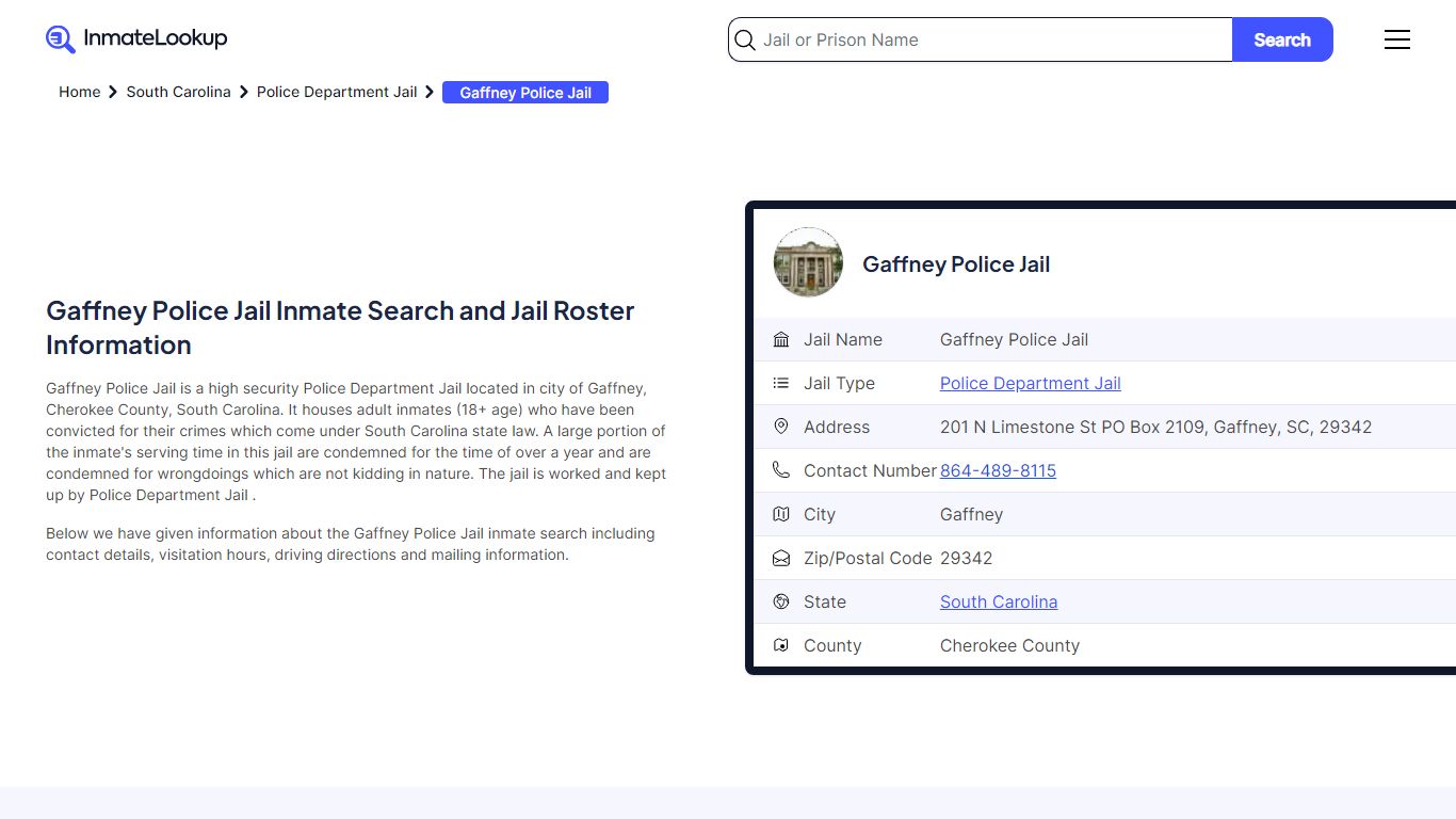 Gaffney Police Jail (SC) Inmate Search South Carolina - Inmate Lookup